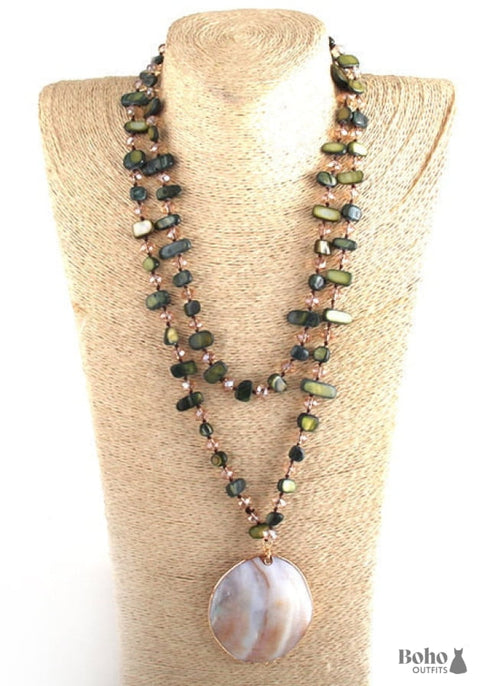 Boho Necklace, RH Pink Rose Crystal Shell